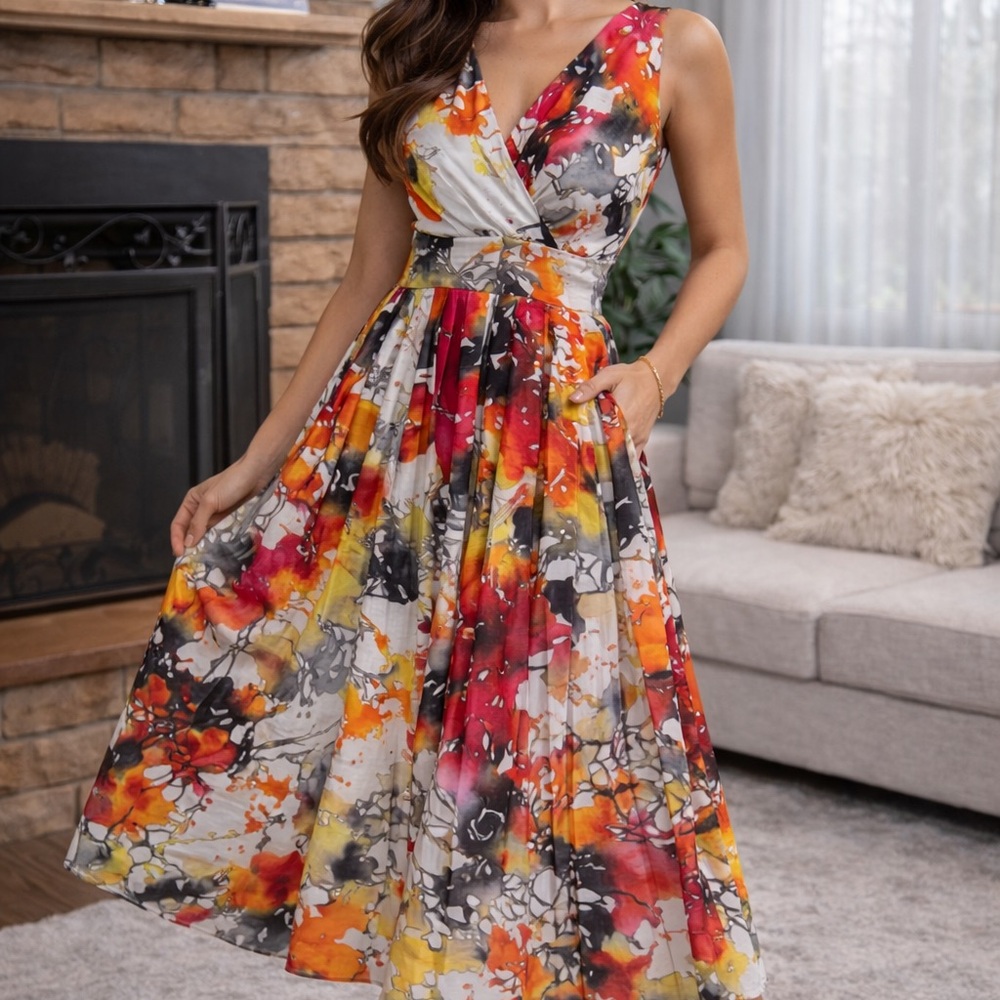 Aryeh Watercolor Floral Midi Dress in Red, Orange, Yellow, Black